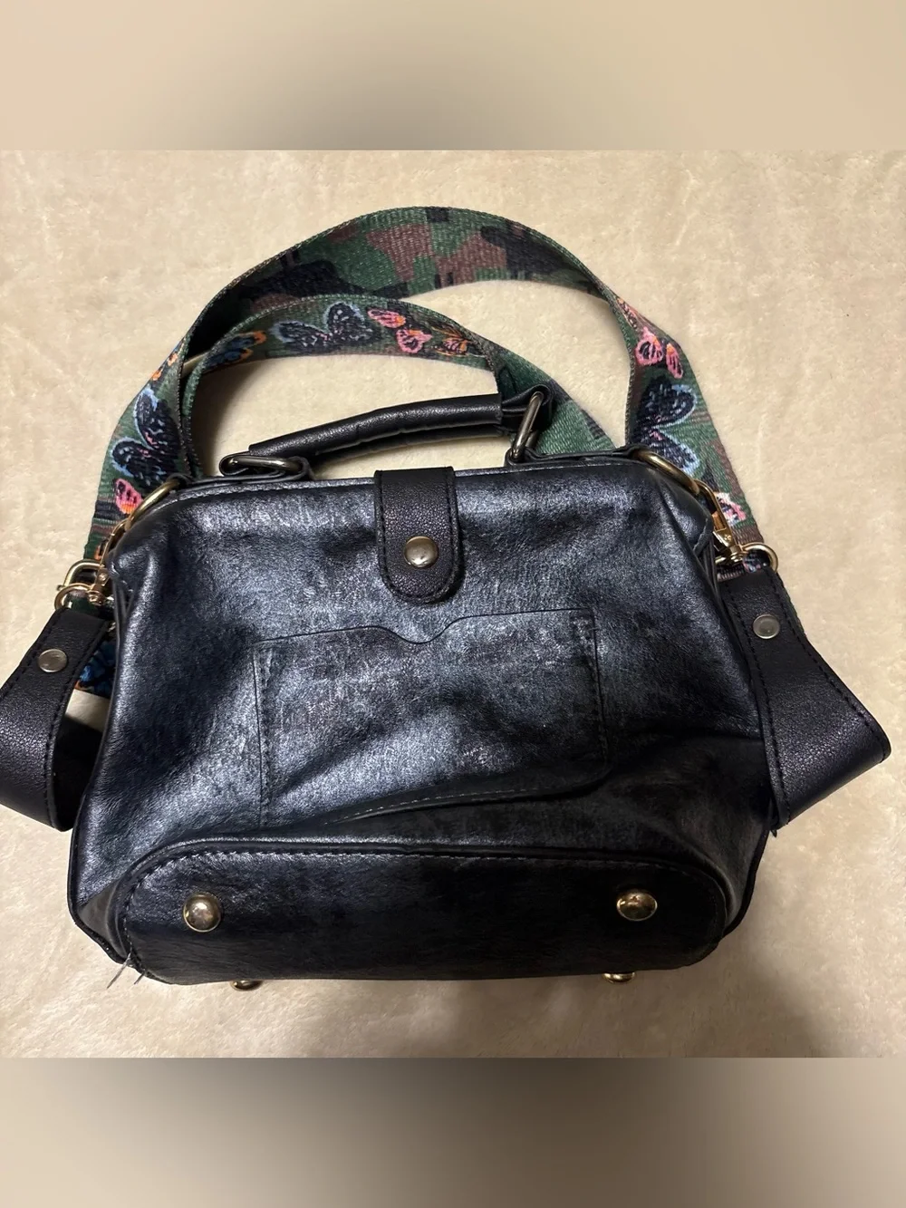 Black Embroidered Elephant Crossbody Bag with Decorative Strap